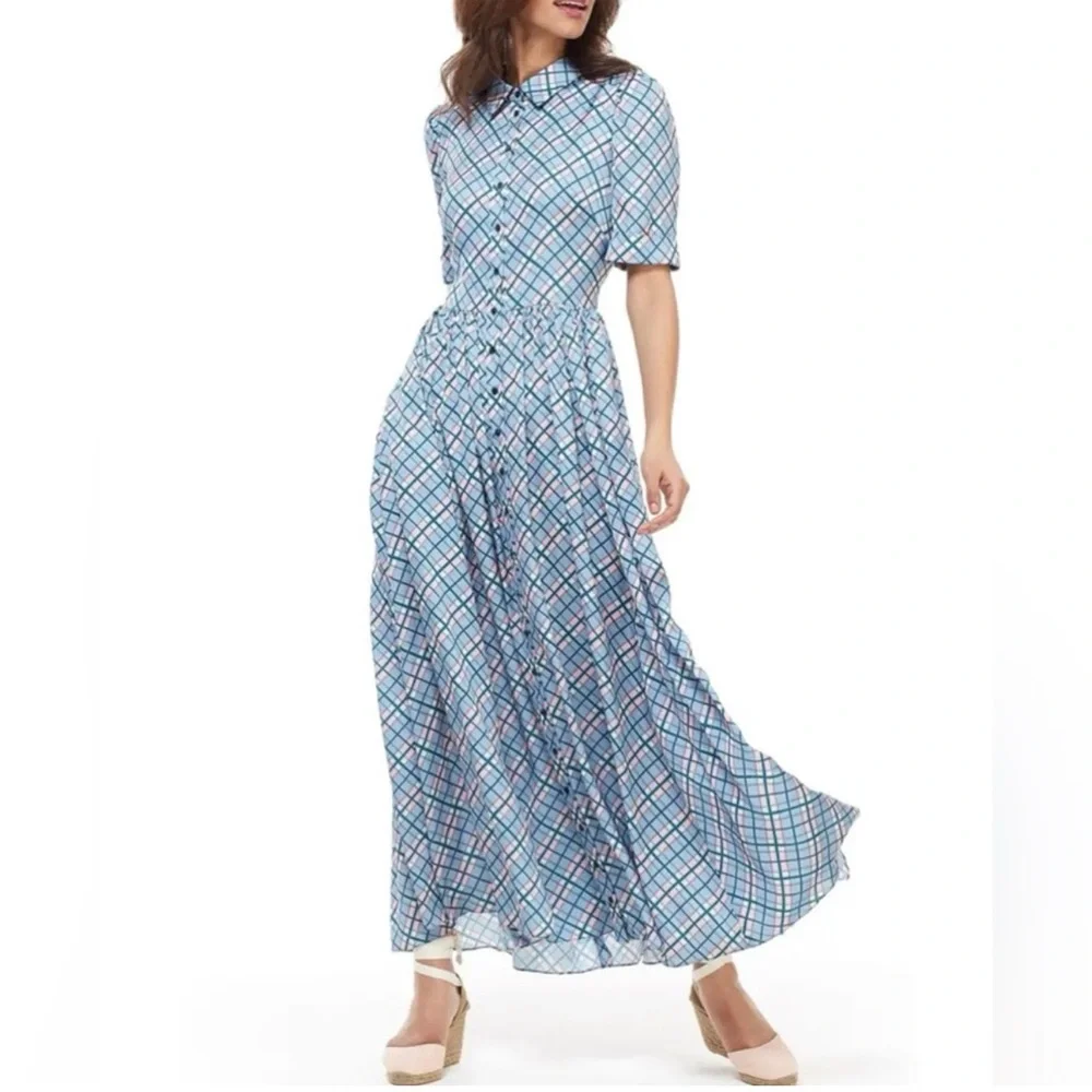 Gal Meets Glam Collection Colette Blue Plaid Button-Down Maxi Dress Size 12 - Picture 15 of 16